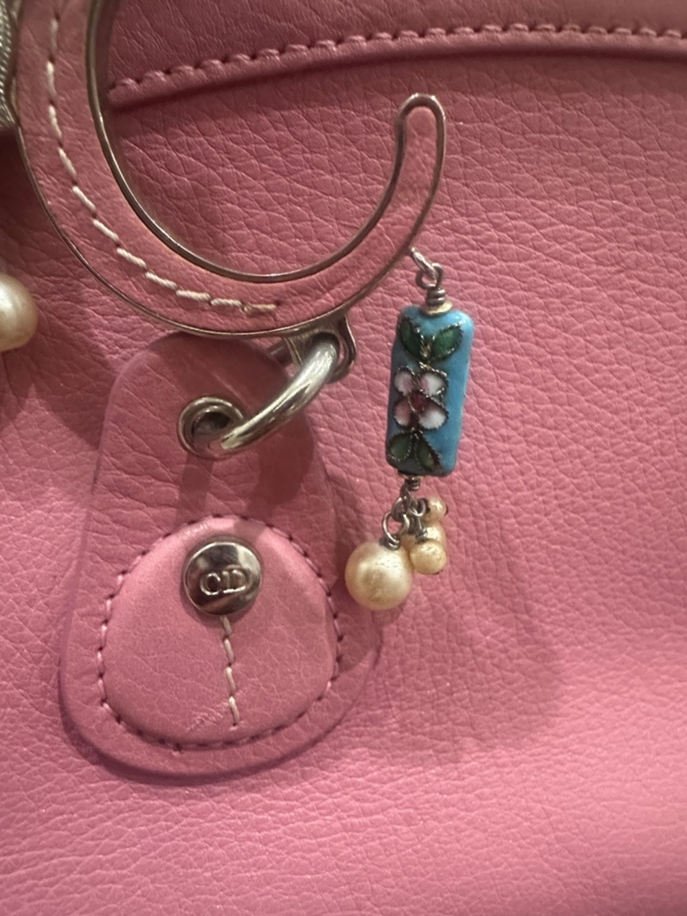 RARE DIOR limited edition CD logo Pink Leather w/ Butterfly diamond Pearl Charms - Picture 4 of 12
